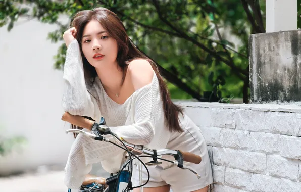 Look, girl, bike, pose, shorts, hands, Asian, shoulder
