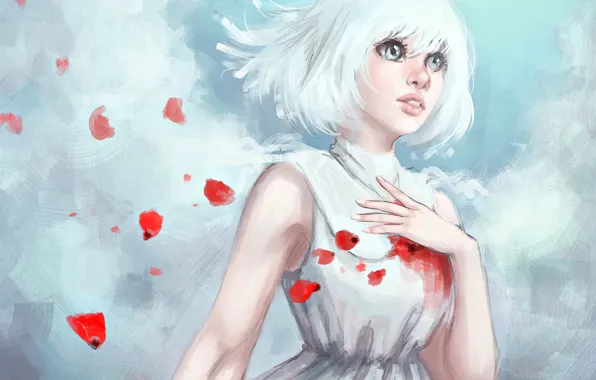 Picture look, girl, petals, dress, art, white hair