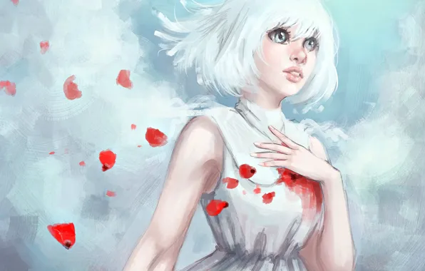 Look, girl, petals, dress, art, white hair