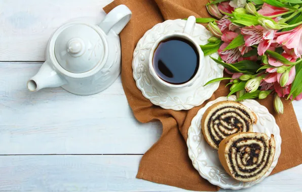 Flowers, Mac, coffee, food, bouquet, Breakfast, cakes, roll