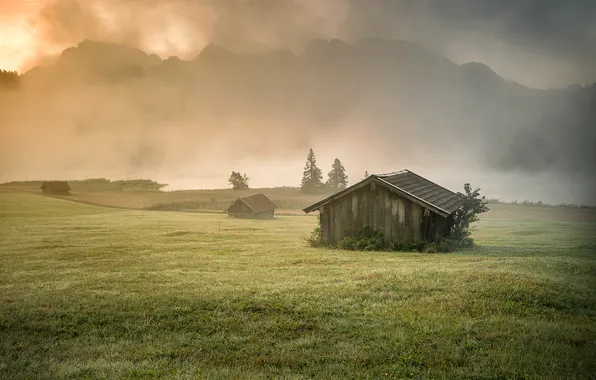 Field, mountains, Alps, house