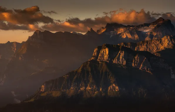 The sky, clouds, light, mountains, nature, fog, rocks, the slopes