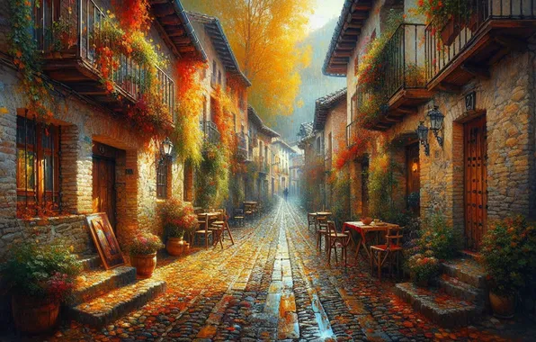 Autumn, light, trees, the city, street, tile, building, home