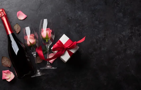 Love, flowers, gift, romance, roses, glasses, love, happy