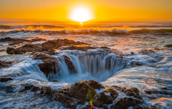 Sea, wave, the sun, sunset, stones, waterfall, stream, surf