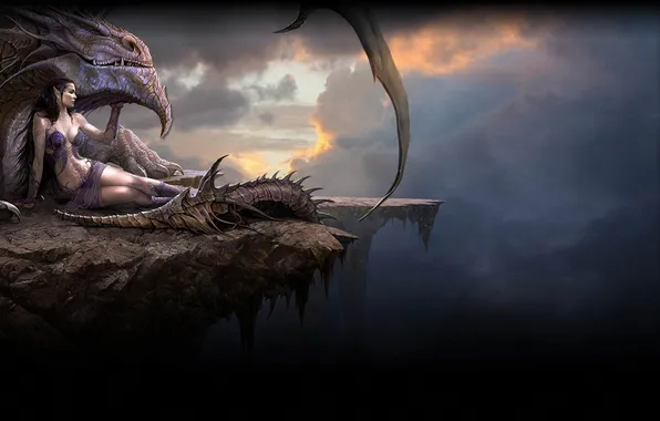 Girl, clouds, rock, open, dragon, art, elf, Dragon Eternity