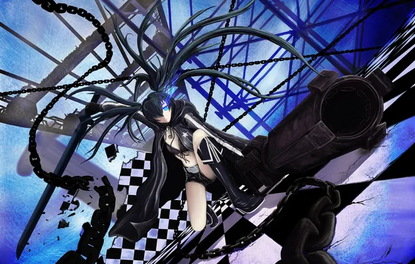 Abstraction, weapons, art, the barrel, chain, girl, black rock shooter, catch the worm