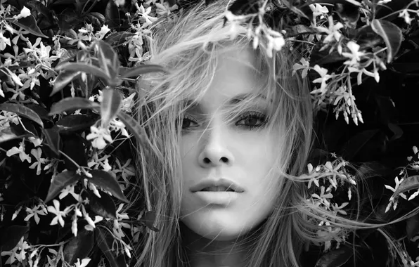 Look, flowers, face, hair, b/W, actress, black background, Kristanna Loki