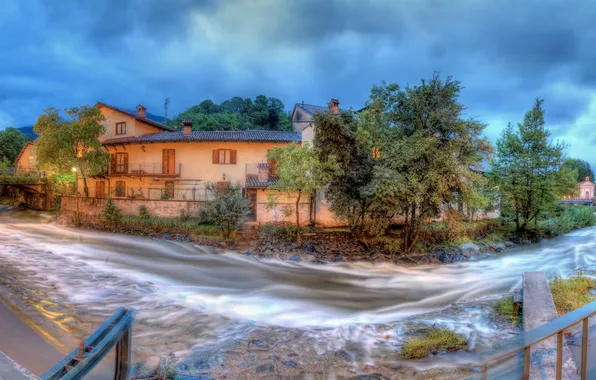 Picture trees, landscape, bridge, river, building, panorama