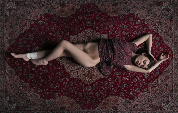 Carpet, Girl, carpet, dress, lies, brown hair, legs, closed eyes