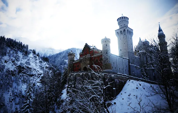 Winter, snow, trees, mountains, Germany, Bayern, Neuschwanstein castle-treasure of the Alps