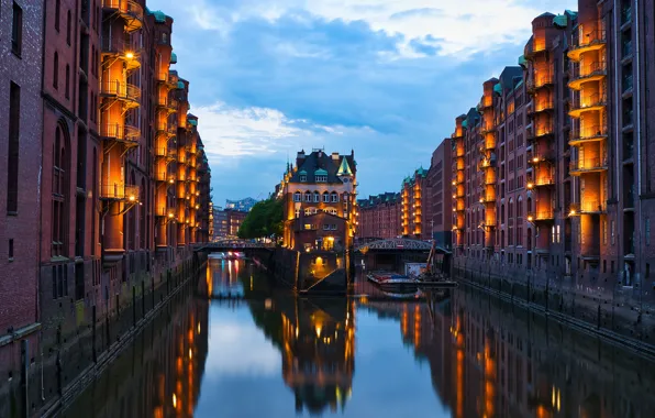 The sky, clouds, the city, lights, reflection, building, home, boats