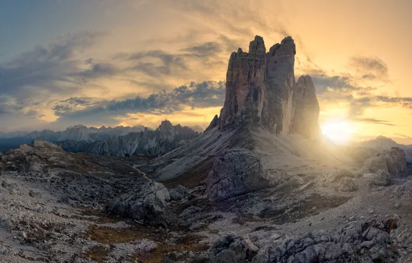 Picture the sun, morning, mountains, The Dolomites, tops, dawn, rocks, slope