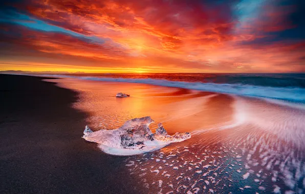 Picture Sky, Fire, Beach, Sun, Water, Sunset, Iceland, Ice
