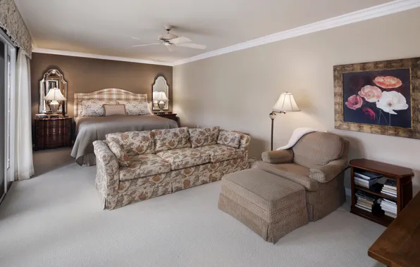 Room, sofa, bed, interior, picture, mirror, bedroom