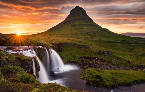 Picture the sky, the sun, clouds, rocks, mountain, waterfall, the volcano, Iceland