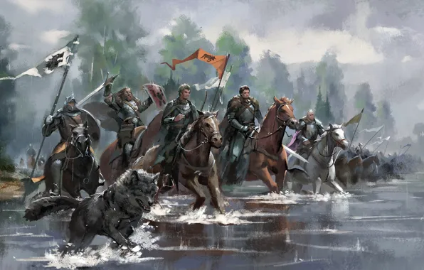 River, horses, army, dog, knight, king, banner