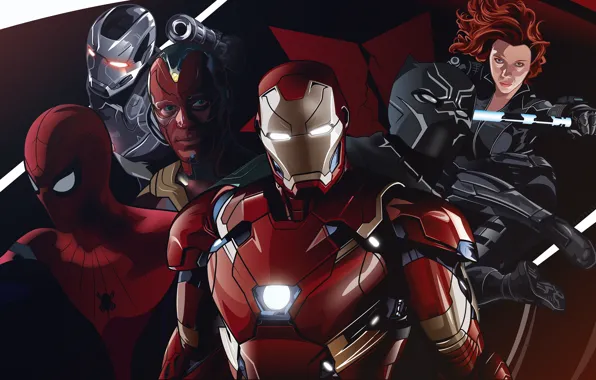 Fiction, art, Vision, Iron Man, comic, costumes, superheroes, Black Widow