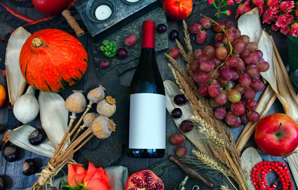 Wine, bottle, roses, Pumpkin, grapes, Still life, garnet
