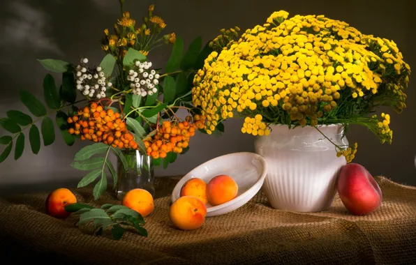 Picture flowers, branches, berries, plate, vase, fruit, still life, peach