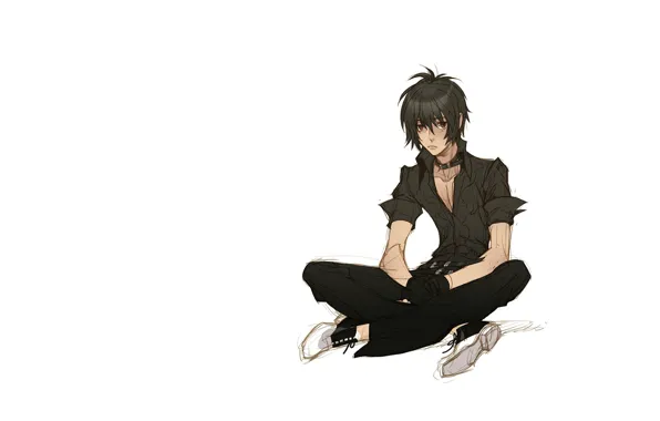 Shoes, white background, gloves, guy, sitting, shaggy, black shirt, chalker