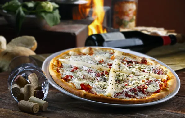 Wine, cheese, tube, hot, pizza, tomatoes, sausage, background