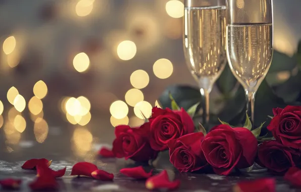 Flowers, lights, table, holiday, wine, roses, bouquet, petals
