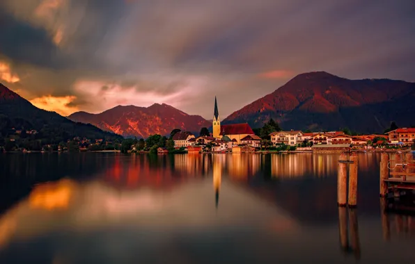 Picture the sky, sunset, mountains, lake, reflection, Germany, Germany, Rottach-Egern
