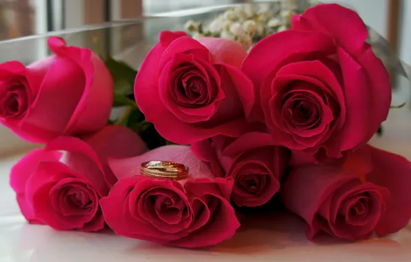Flowers, roses, bouquet, ring, wedding