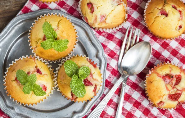 Strawberry, mint, cakes, strawberry, cupcake, cupcakes, muffin