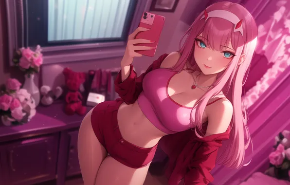 Anime, art, wallpaper, pink hair, pink hair, selfie, selfie, darling in the franxx