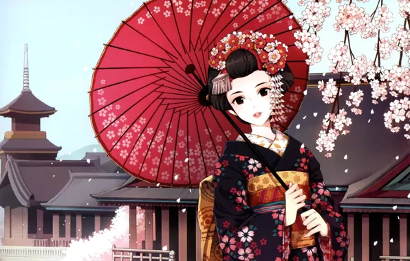 Girl, umbrella, Sakura, art, geisha, kimono, nardack