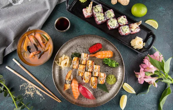 Flowers, Sushi, lime, rolls, seafood, Cuts