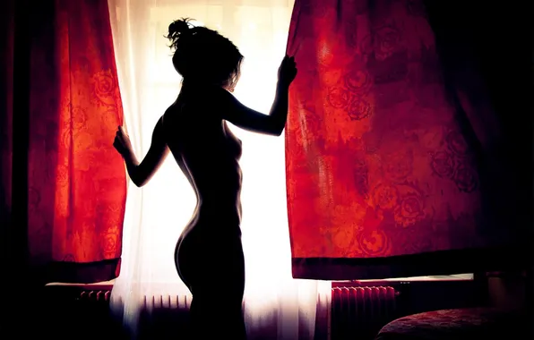 Girl, light, shadow, silhouette, window, curtains
