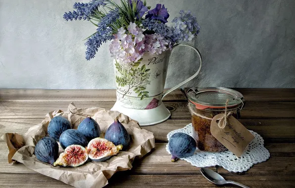 Food, spoon, still life, jam, napkin, jam, figs, flowers. Bank