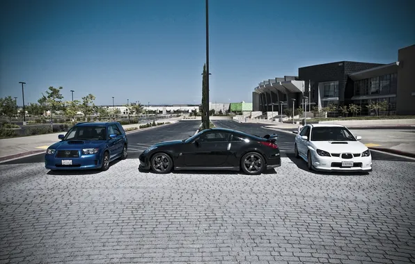 Picture white, blue, the city, black, pavers, Subaru, Impreza, Nissan