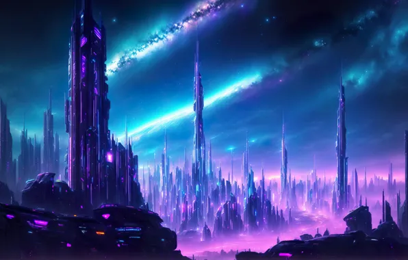 City, future, landscape, art, fantastic, neon, cyberpunk, digital art