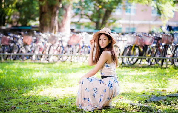 Picture look, girl, sweetheart, hat, dress, Asian, bokeh