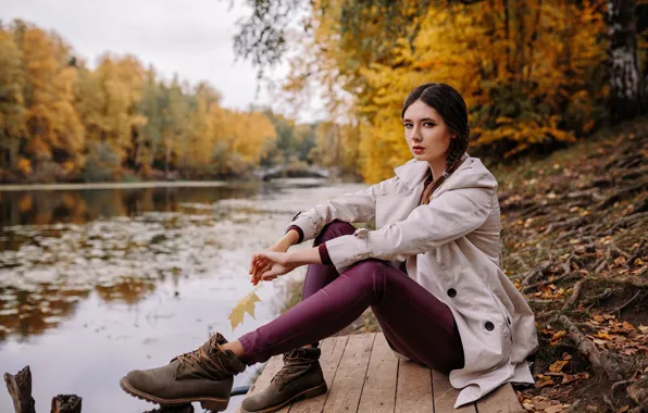 Picture autumn, leaves, water, branches, Girl, legs, sitting, Disha Shemetova