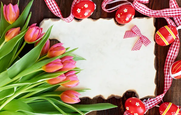 Easter, tulips, red, flowers, tulips, eggs, easter, card