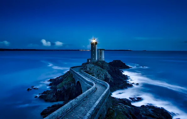 Sea, light, night, coast, France, lighthouse, horizon, Plouzane