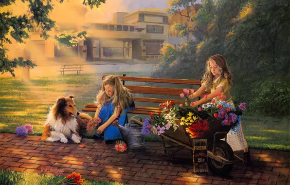 Girls, dog, flowers, painting, bouquet, Little Bouquets, David Rotting House, selling flowers