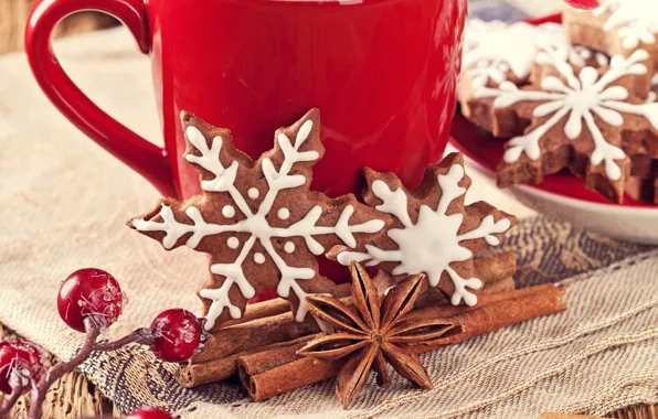 Snowflakes, berries, New Year, cookies, Christmas, Cup, sweets, red