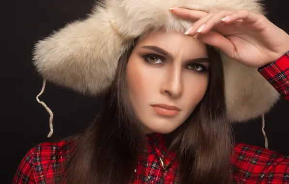 Picture look, pose, background, hat, portrait, makeup, hairstyle, fur