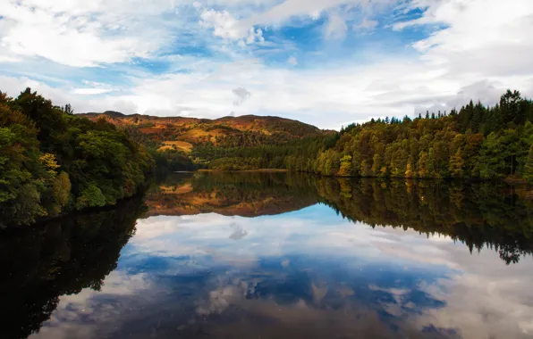 Picture forest, the sky, water, clouds, trees, lake, reflection, hills