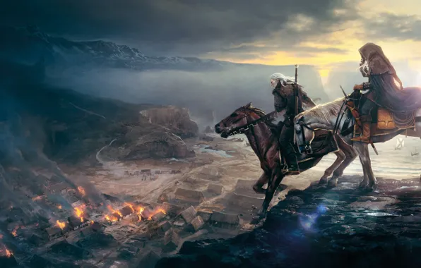 The city, horse, rider, The Witcher, The Witcher 3: Wild Hunt