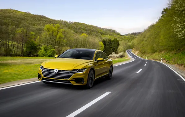 Road, yellow, markup, Volkswagen, 2018, R-Line, liftback, 2017