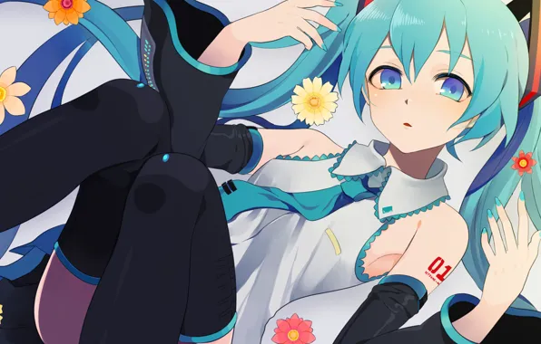 Girl, flowers, anime, art, vocaloid, hatsune miku, harano