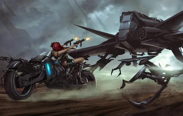 Picture girl, weapons, robot, speed, art, motorcycle, shooting, battle