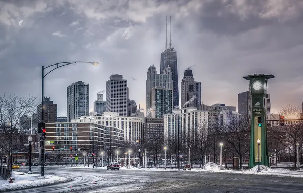 The city, Winter, Snow, Chicago, Skyscrapers, USA, America, Chicago